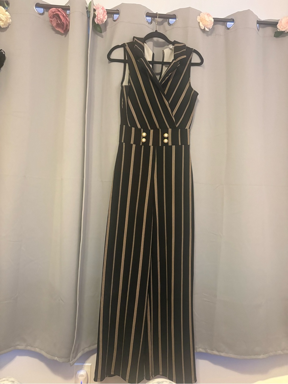 Almost Famous Black and Tan Striped Sleeveless Wide-Leg Jumpsuit